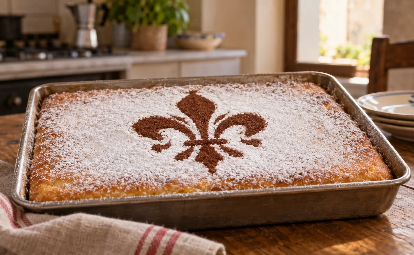 Schiacciata fiorentina dorata in teglia, decorata con zucchero a velo e giglio al cacao