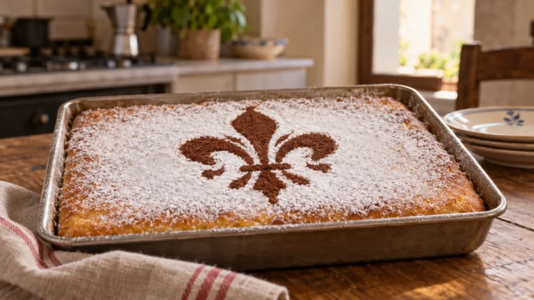 Schiacciata fiorentina dorata in teglia, decorata con zucchero a velo e giglio al cacao