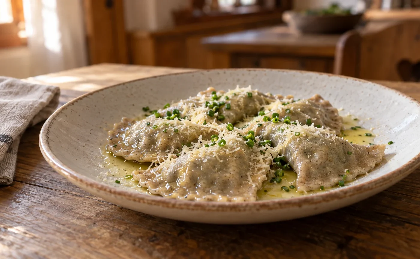 Schlutzkrapfen altoatesini agli spinaci e ricotta con burro fuso, formaggio grattugiato ed erba cipollina