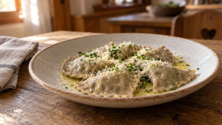 Schlutzkrapfen altoatesini agli spinaci e ricotta con burro fuso, formaggio grattugiato ed erba cipollina