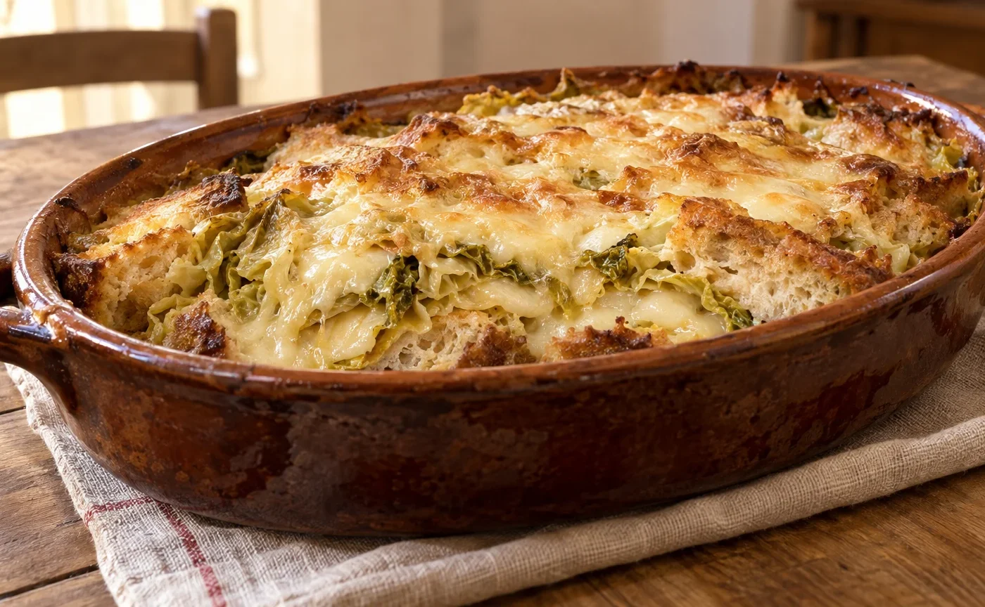 Seuppa à la Vapelenentse appena sfornata con pane, verza e Fontina filante