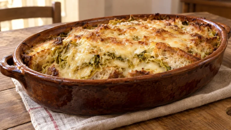 Seuppa à la Vapelenentse appena sfornata con pane, verza e Fontina filante