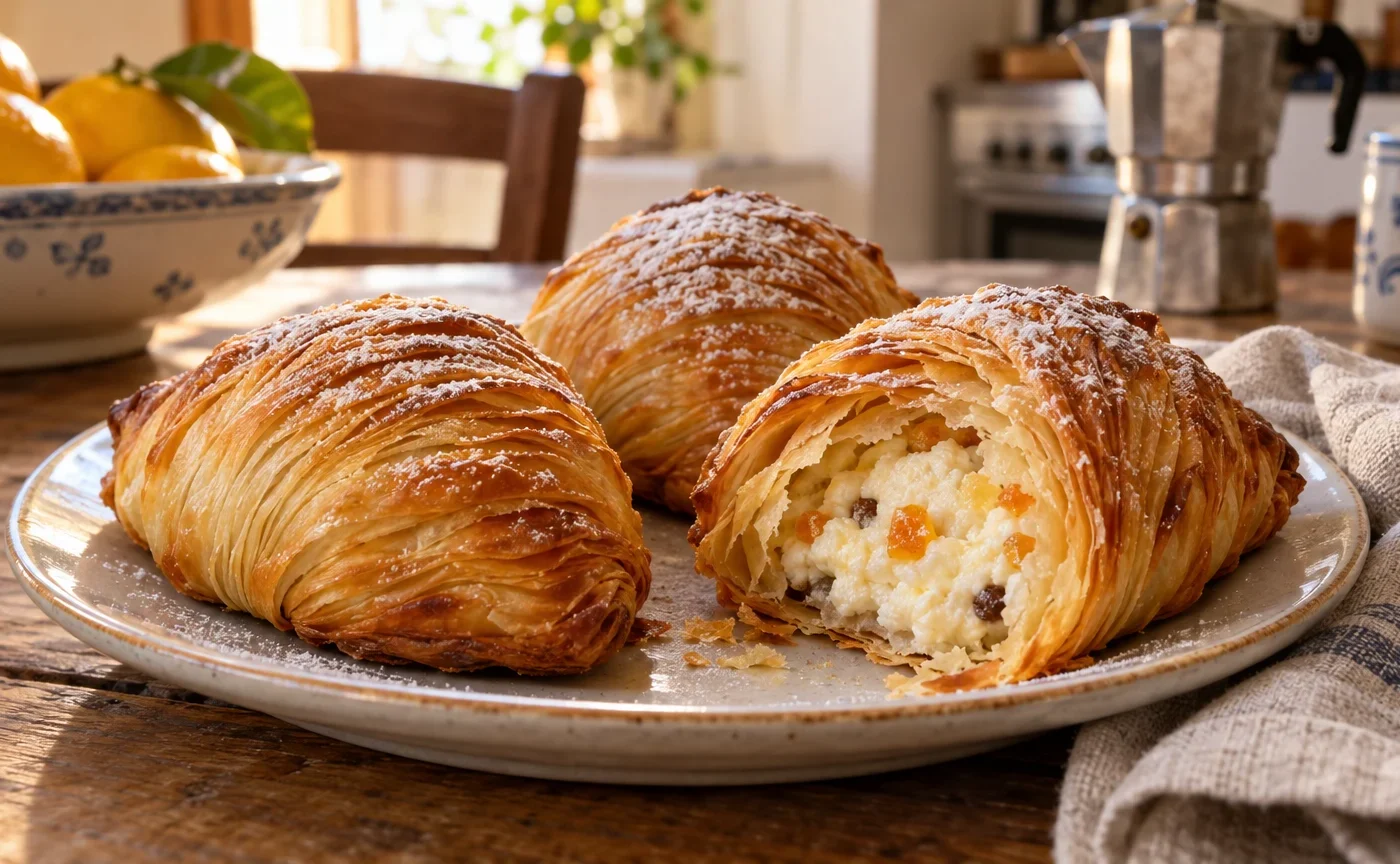 Sfogliatelle ricce napoletane dorate con sfoglie croccanti e zucchero a velo