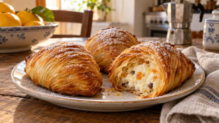 Sfogliatelle ricce napoletane dorate con sfoglie croccanti e zucchero a velo