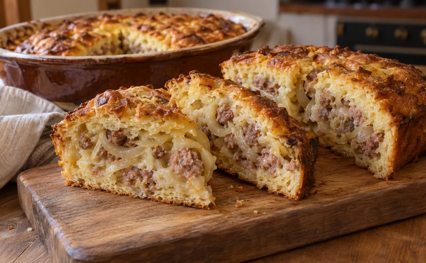 Fette di smacafam trentino al forno con luganega e cipolla su tagliere di legno