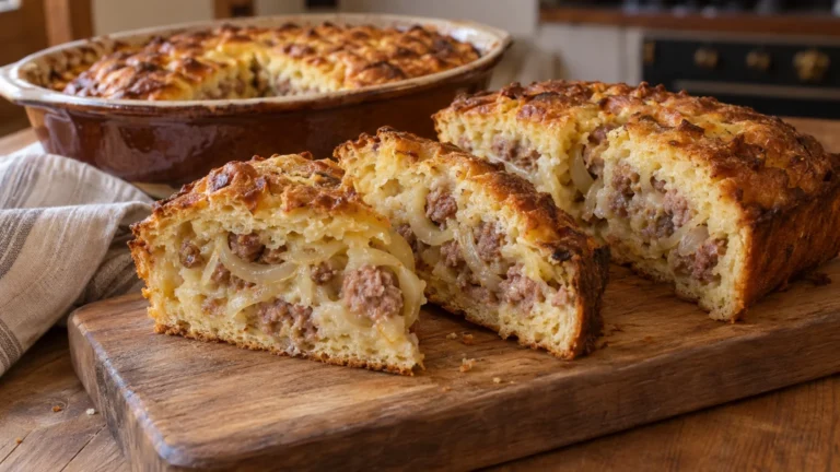 Fette di smacafam trentino al forno con luganega e cipolla su tagliere di legno
