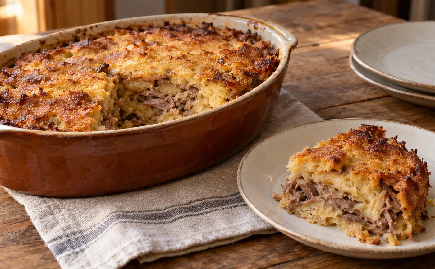 Sopa coada trevigiana in pirofila con superficie dorata, pane raffermo e carne di piccione