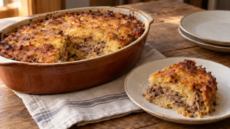 Sopa coada trevigiana in pirofila con superficie dorata, pane raffermo e carne di piccione