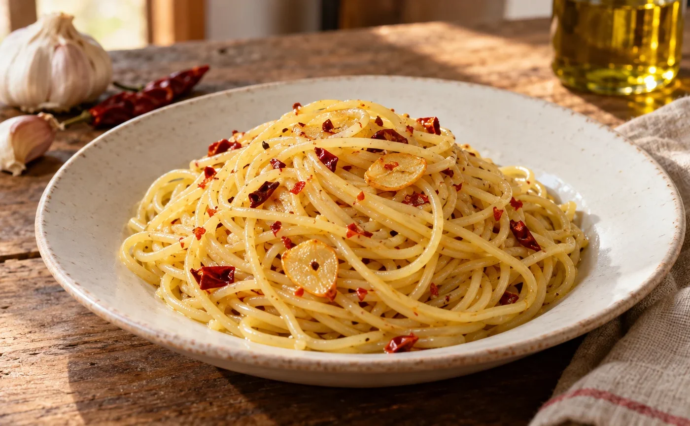 Piatto di spaghetti aglio, olio e peperoncino appena mantecati