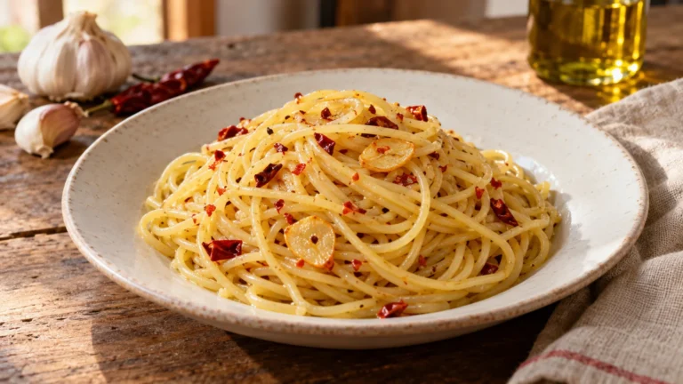 Piatto di spaghetti aglio, olio e peperoncino appena mantecati