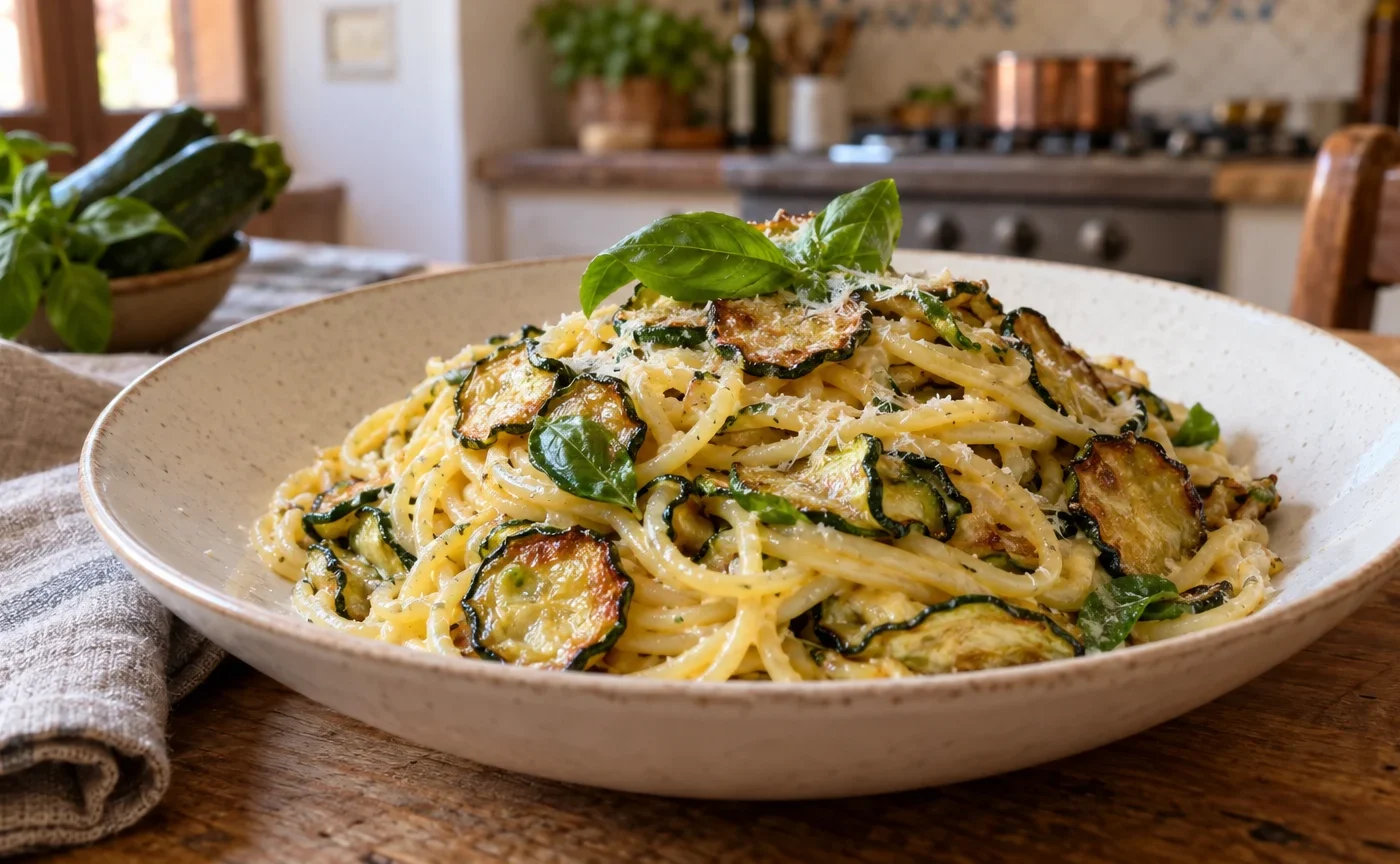 Spaghetti alla Nerano cremosi con zucchine fritte, basilico e Provolone del Monaco