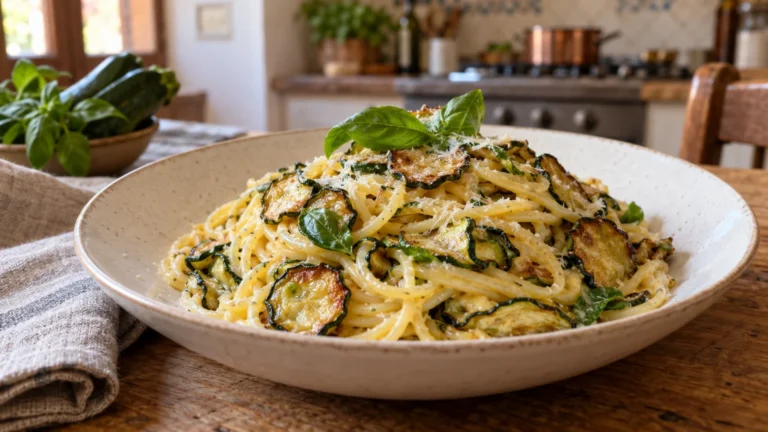 Spaghetti alla Nerano cremosi con zucchine fritte, basilico e Provolone del Monaco