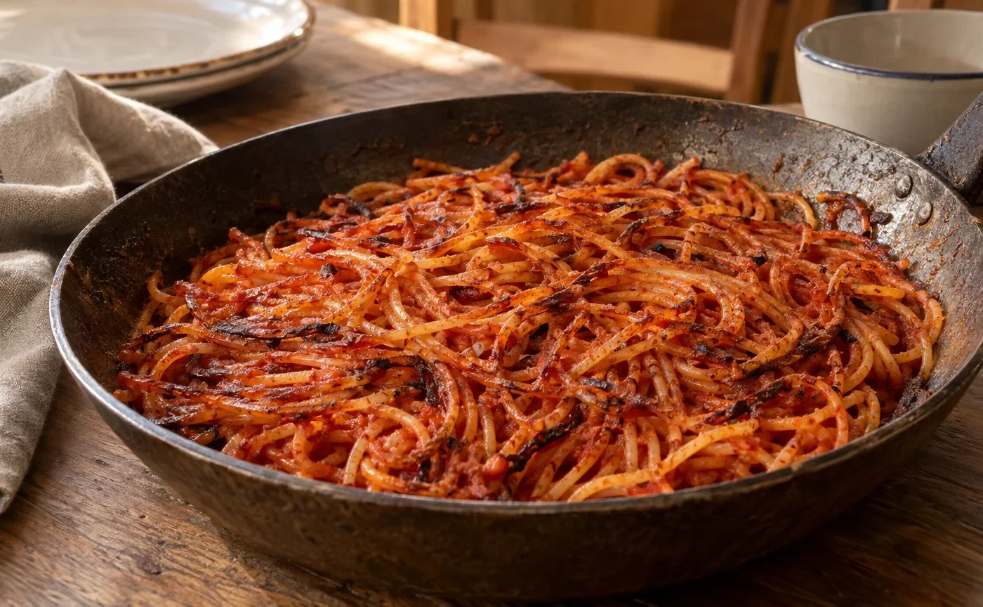 Spaghetti all’assassina appena preparati in padella, con pomodoro tostato e parti croccanti