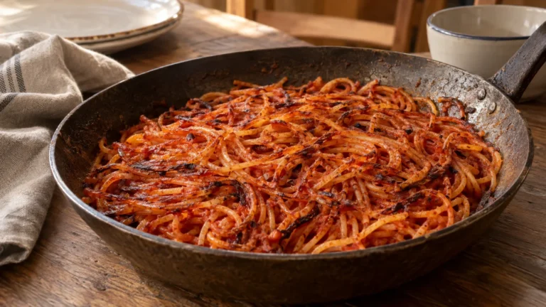 Spaghetti all’assassina appena preparati in padella, con pomodoro tostato e parti croccanti