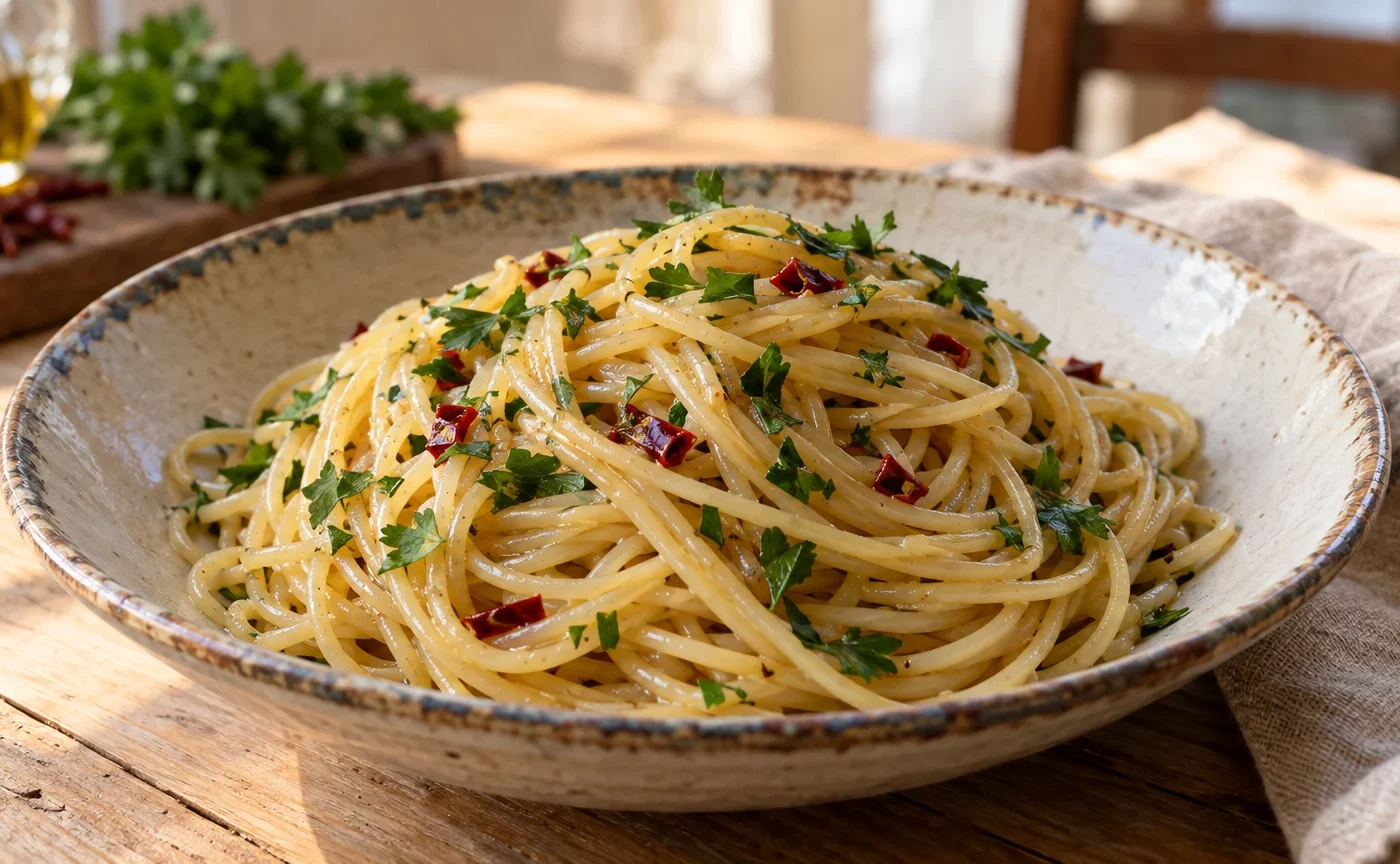 Spaghetti con colatura di alici, prezzemolo e peperoncino serviti in un piatto di ceramica