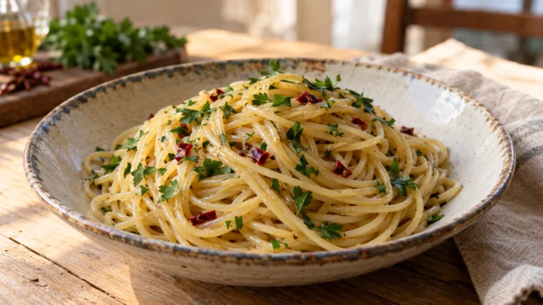 Spaghetti con colatura di alici, prezzemolo e peperoncino serviti in un piatto di ceramica