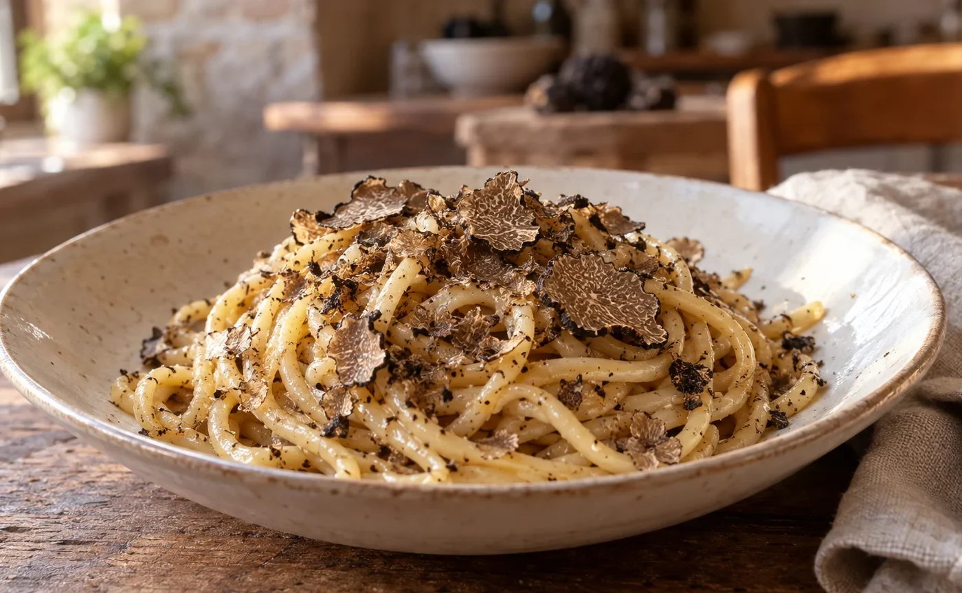 Piatto di strangozzi al tartufo nero fresco grattugiato