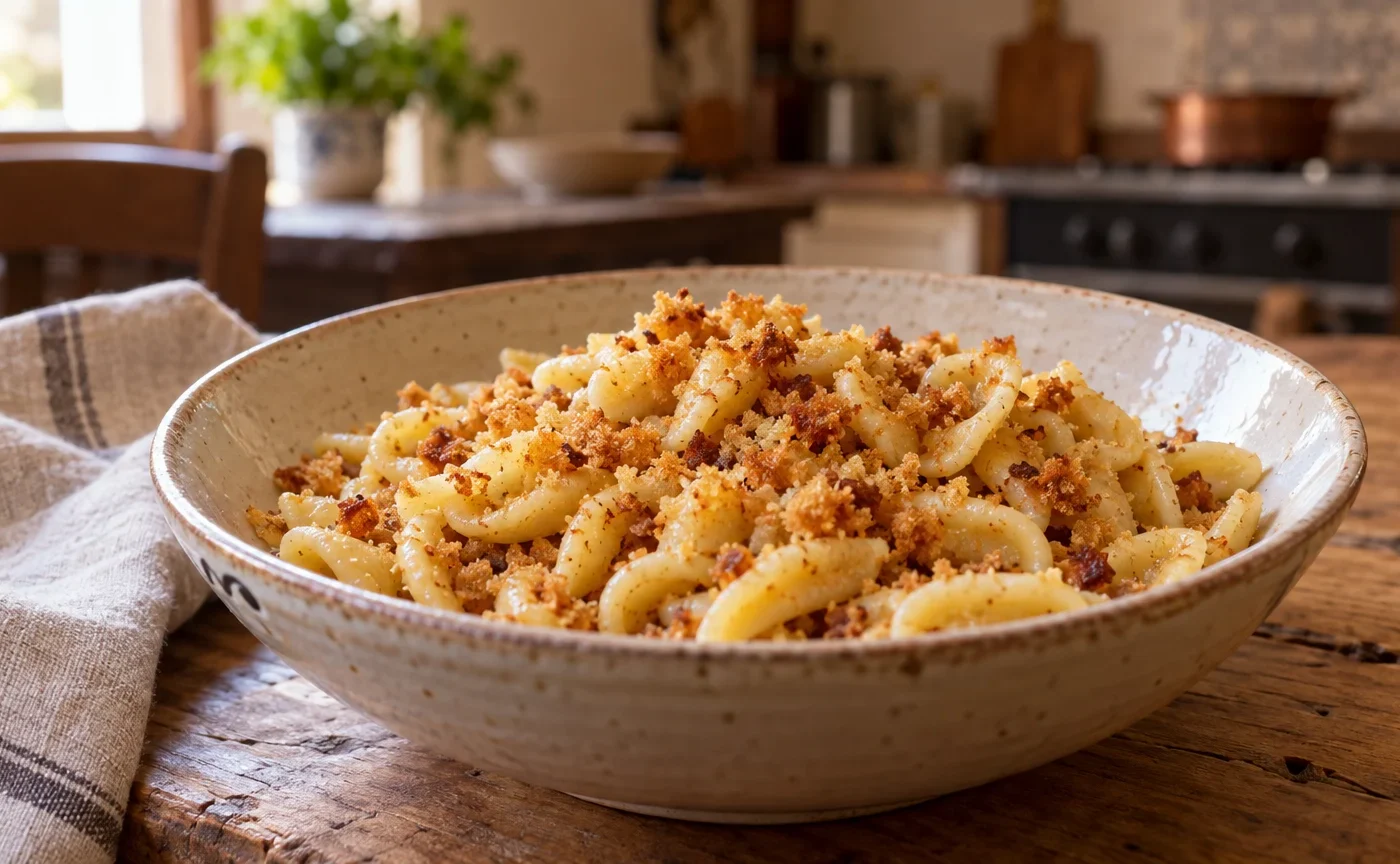 Strascinati lucani con mollica croccante serviti in un piatto di ceramica rustica