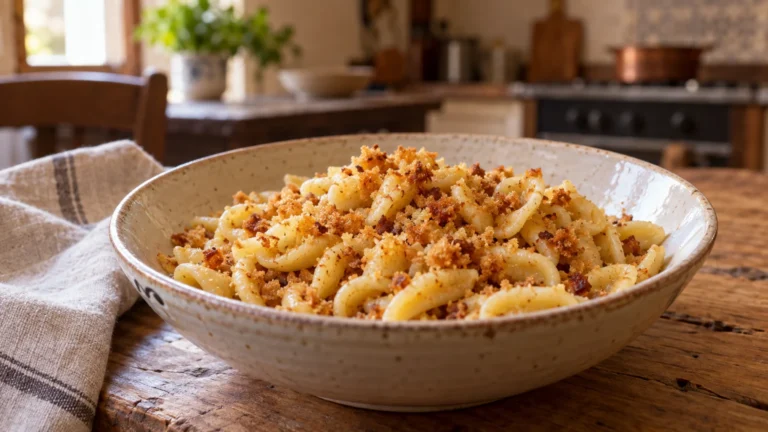 Strascinati lucani con mollica croccante serviti in un piatto di ceramica rustica