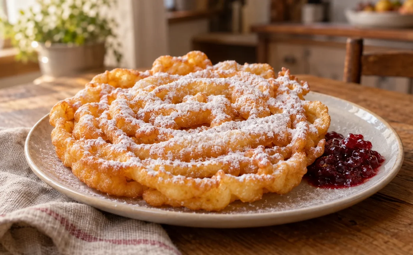 Strauben tirolesi a spirale fritti con zucchero a velo e confettura di mirtilli rossi