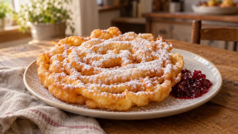 Strauben tirolesi a spirale fritti con zucchero a velo e confettura di mirtilli rossi