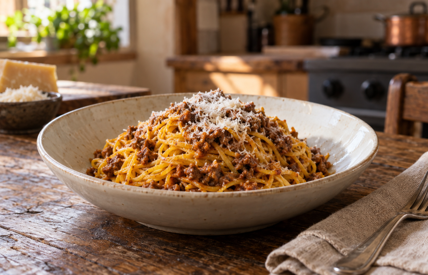 Piatto di tajarin piemontesi freschi avvolti da ragù di carne e Parmigiano grattugiato