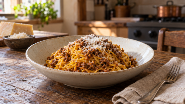 Piatto di tajarin piemontesi freschi avvolti da ragù di carne e Parmigiano grattugiato