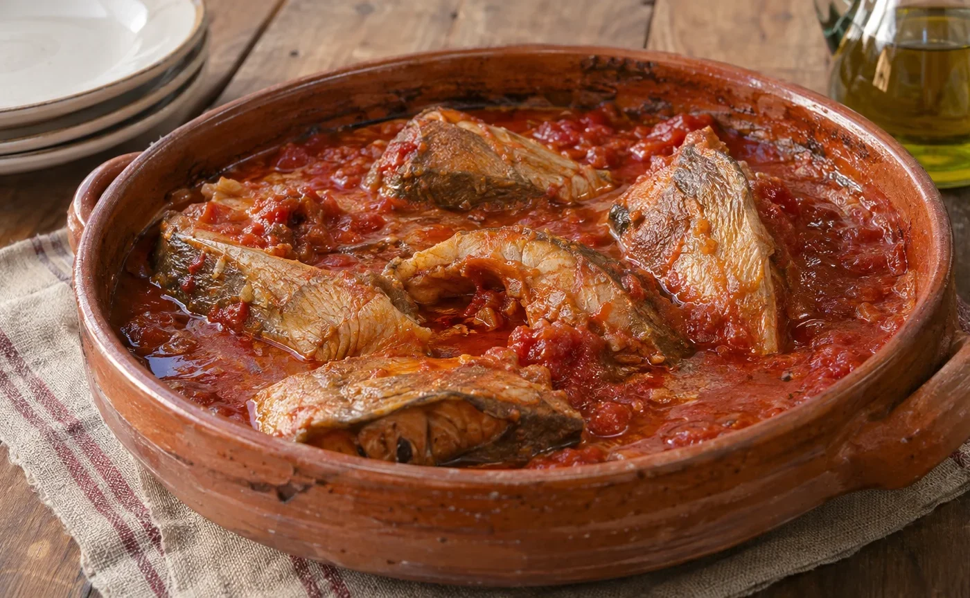 Tegamaccio del Trasimeno con tranci di pesce d’acqua dolce nel sugo di pomodoro