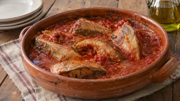 Tegamaccio del Trasimeno con tranci di pesce d’acqua dolce nel sugo di pomodoro