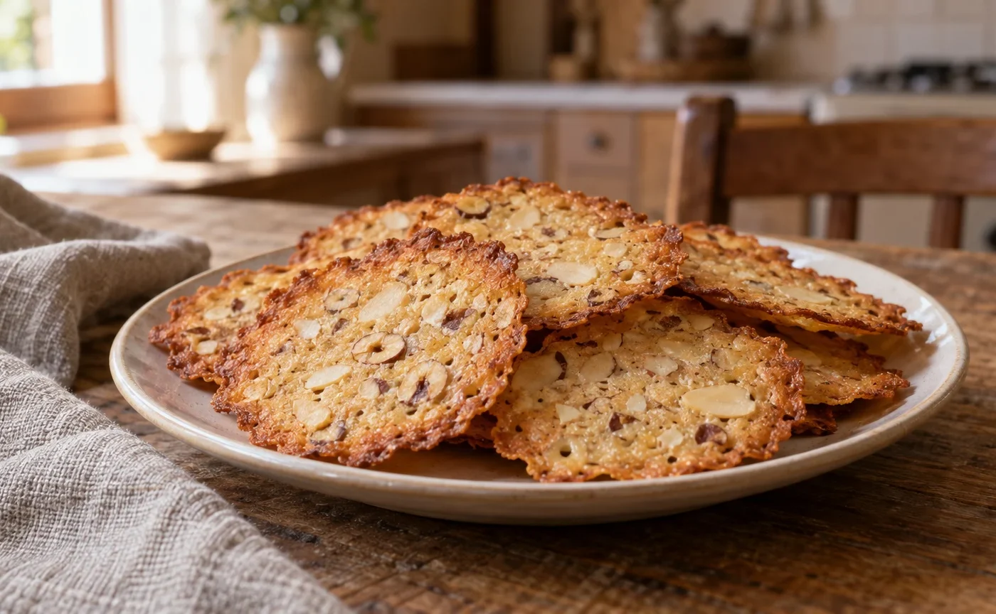 Tegole valdostane sottili e dorate con mandorle e nocciole su piatto di ceramica