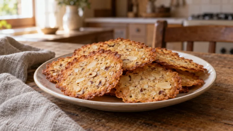 Tegole valdostane sottili e dorate con mandorle e nocciole su piatto di ceramica