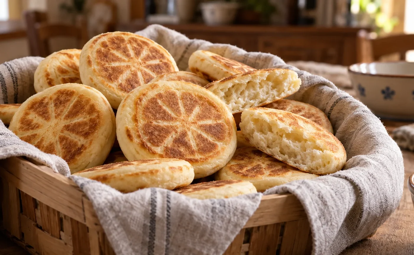 Tigelle modenesi appena cotte e dorate, servite in un cestino di legno con telo di lino
