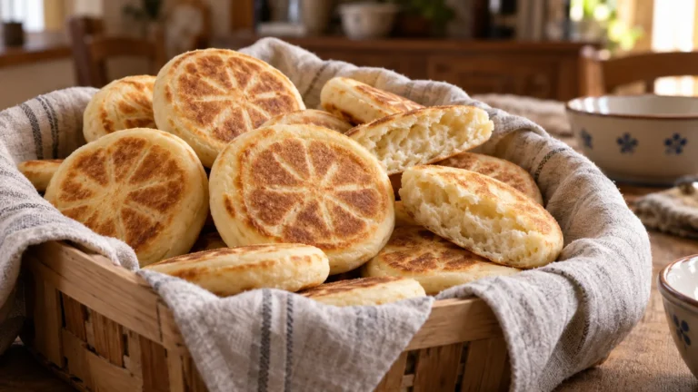 Tigelle modenesi appena cotte e dorate, servite in un cestino di legno con telo di lino