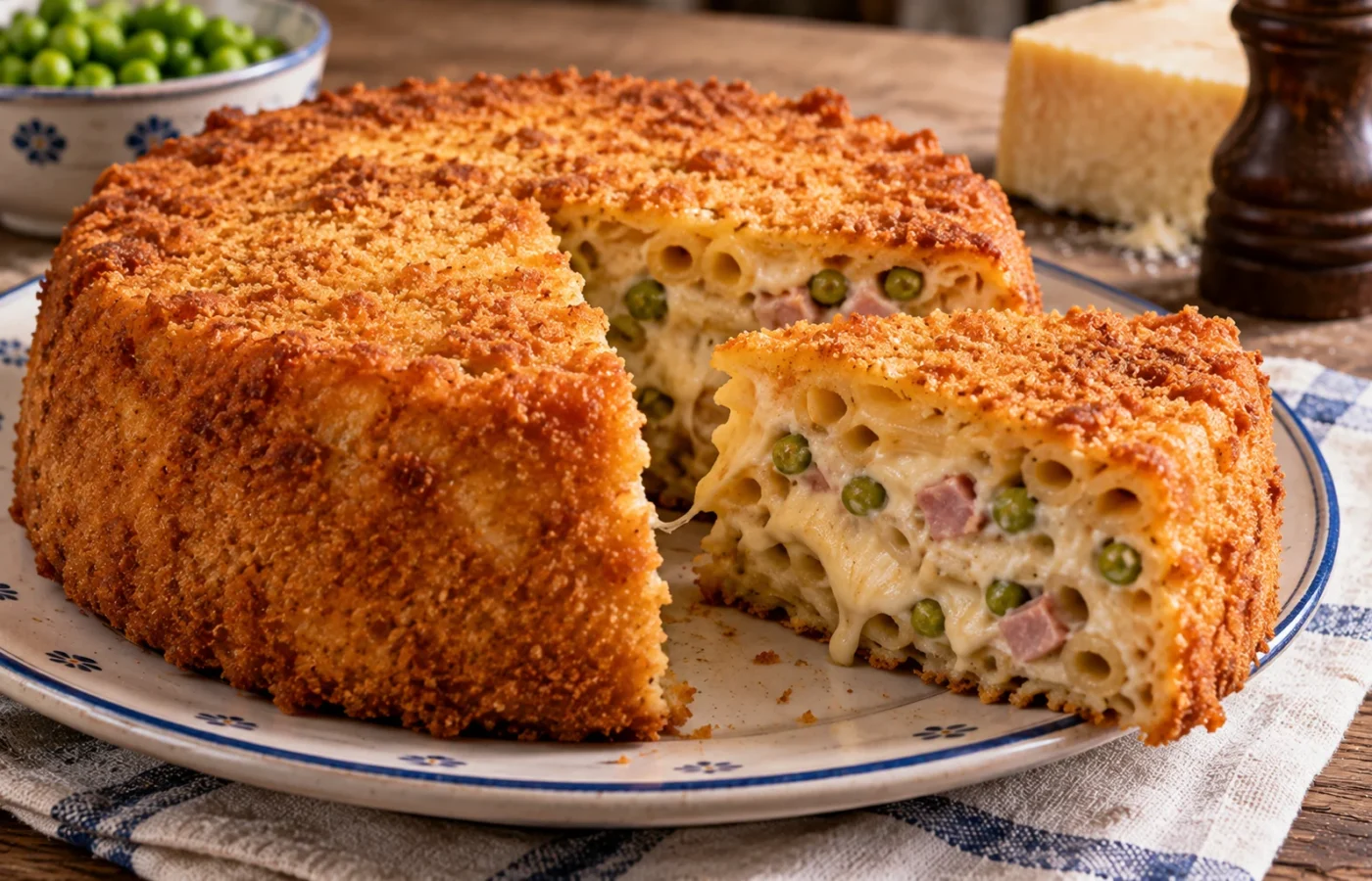 Timballo di pasta fritto napoletano con besciamella e piselli