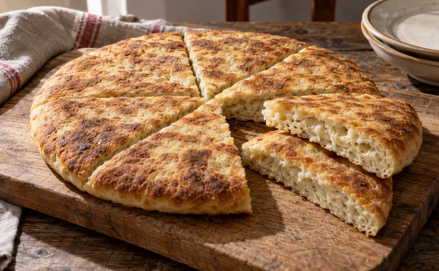 Torta al testo umbra dorata appena cotta, tagliata a spicchi su tagliere di legno