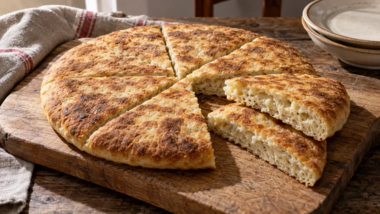 Torta al testo umbra dorata appena cotta, tagliata a spicchi su tagliere di legno