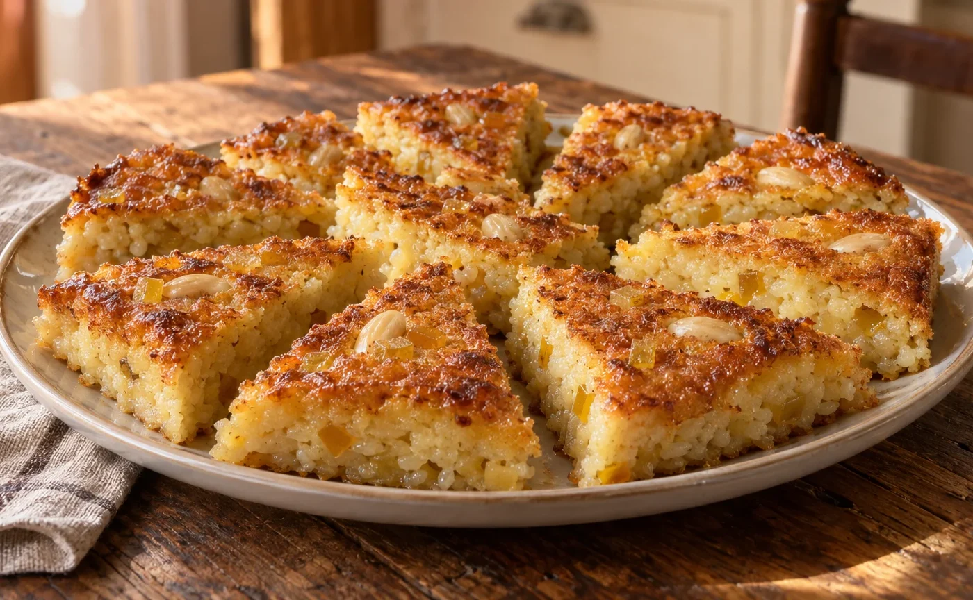 Fette di torta di riso bolognese con mandorle e cedro candito su un piatto di ceramica