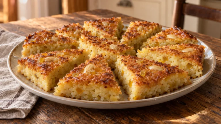 Fette di torta di riso bolognese con mandorle e cedro candito su un piatto di ceramica