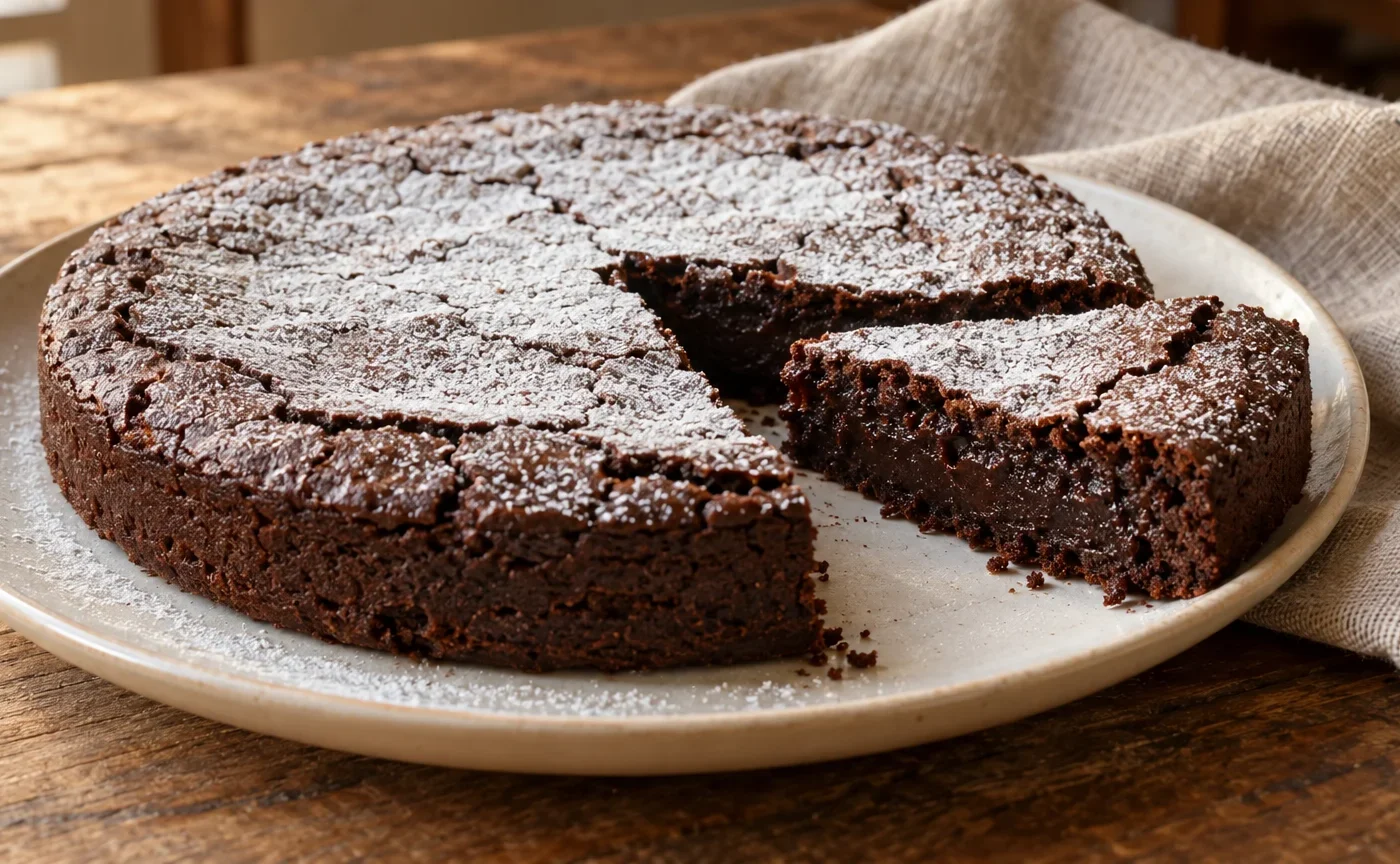 Fetta di torta tenerina ferrarese al cioccolato con interno umido e fondente