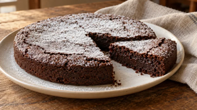 Fetta di torta tenerina ferrarese al cioccolato con interno umido e fondente
