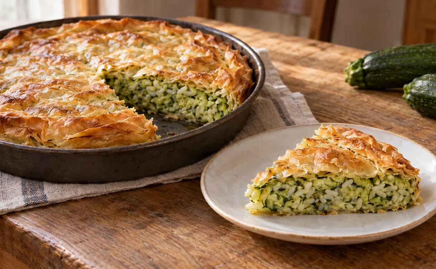 Torta verde ligure con zucchine e riso appena sfornata, tagliata a spicchi