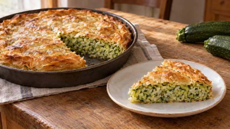 Torta verde ligure con zucchine e riso appena sfornata, tagliata a spicchi