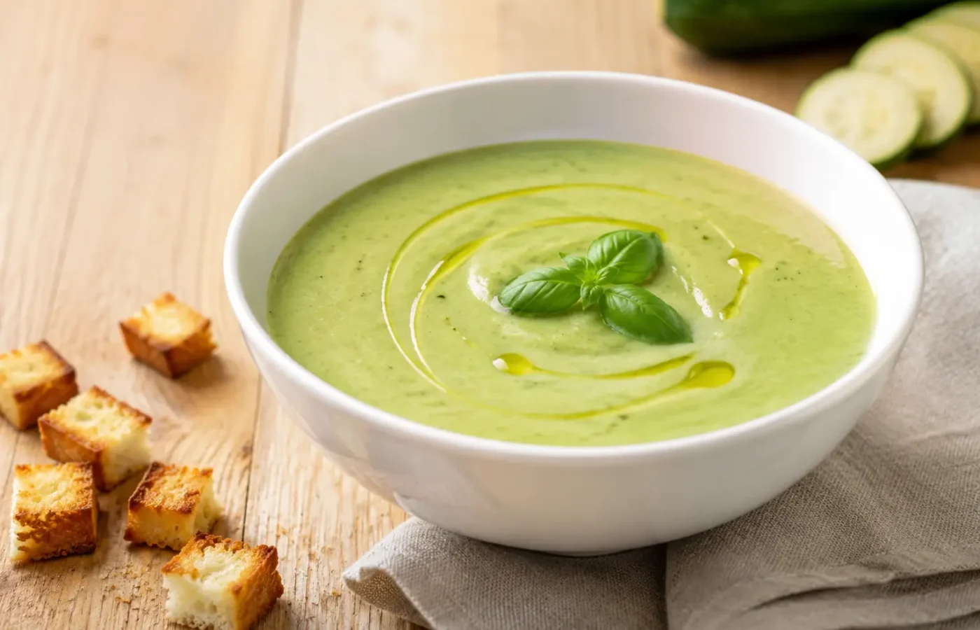 Vellutata di zucchine cremosa con olio, pepe e basilico