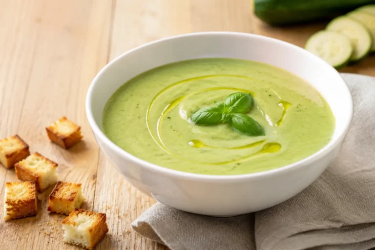 Vellutata di zucchine cremosa con olio, pepe e basilico