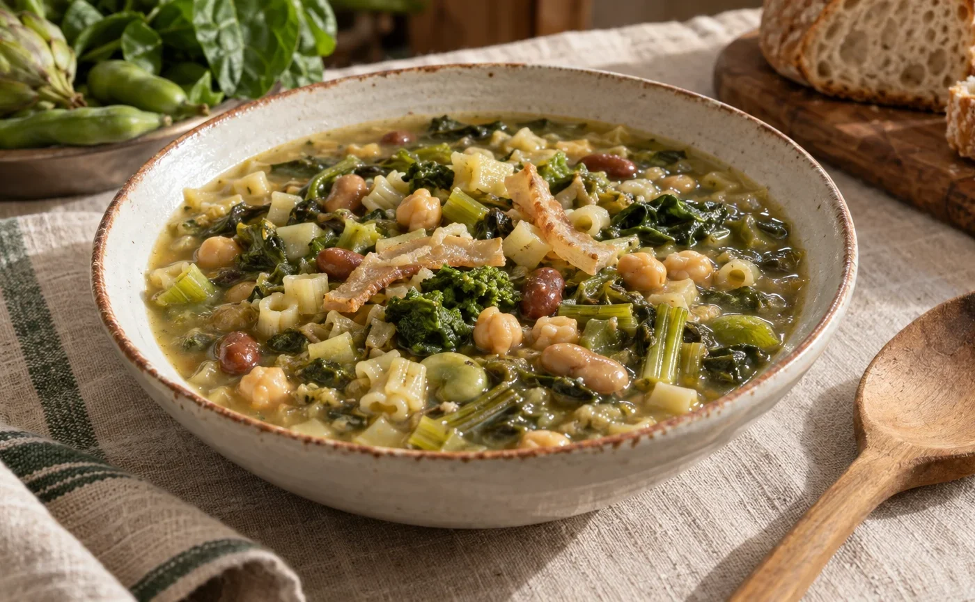 Piatto fondo di Virtù teramane con legumi, verdure, pasta mista e cotiche