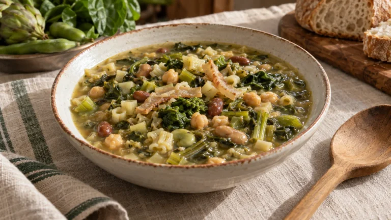 Piatto fondo di Virtù teramane con legumi, verdure, pasta mista e cotiche