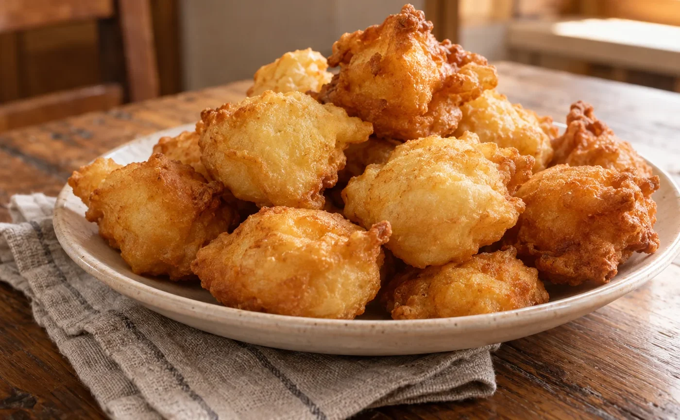 Zeppole di pasta cresciuta dorate e appena fritte in un piatto di ceramica
