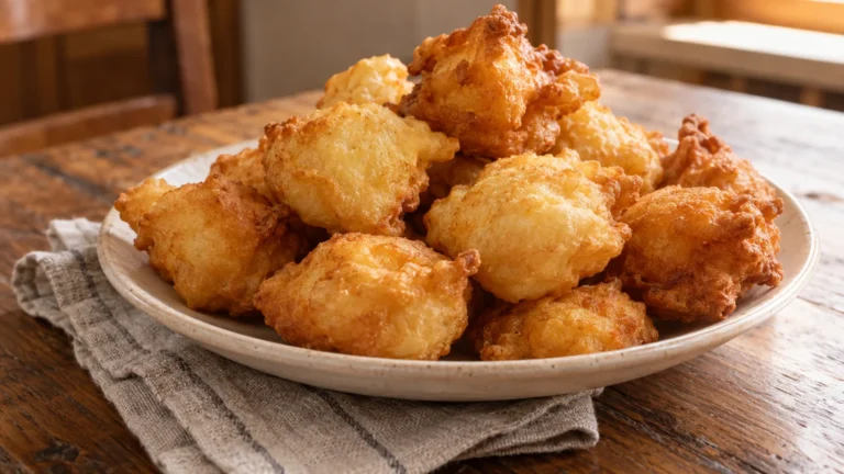 Zeppole di pasta cresciuta dorate e appena fritte in un piatto di ceramica