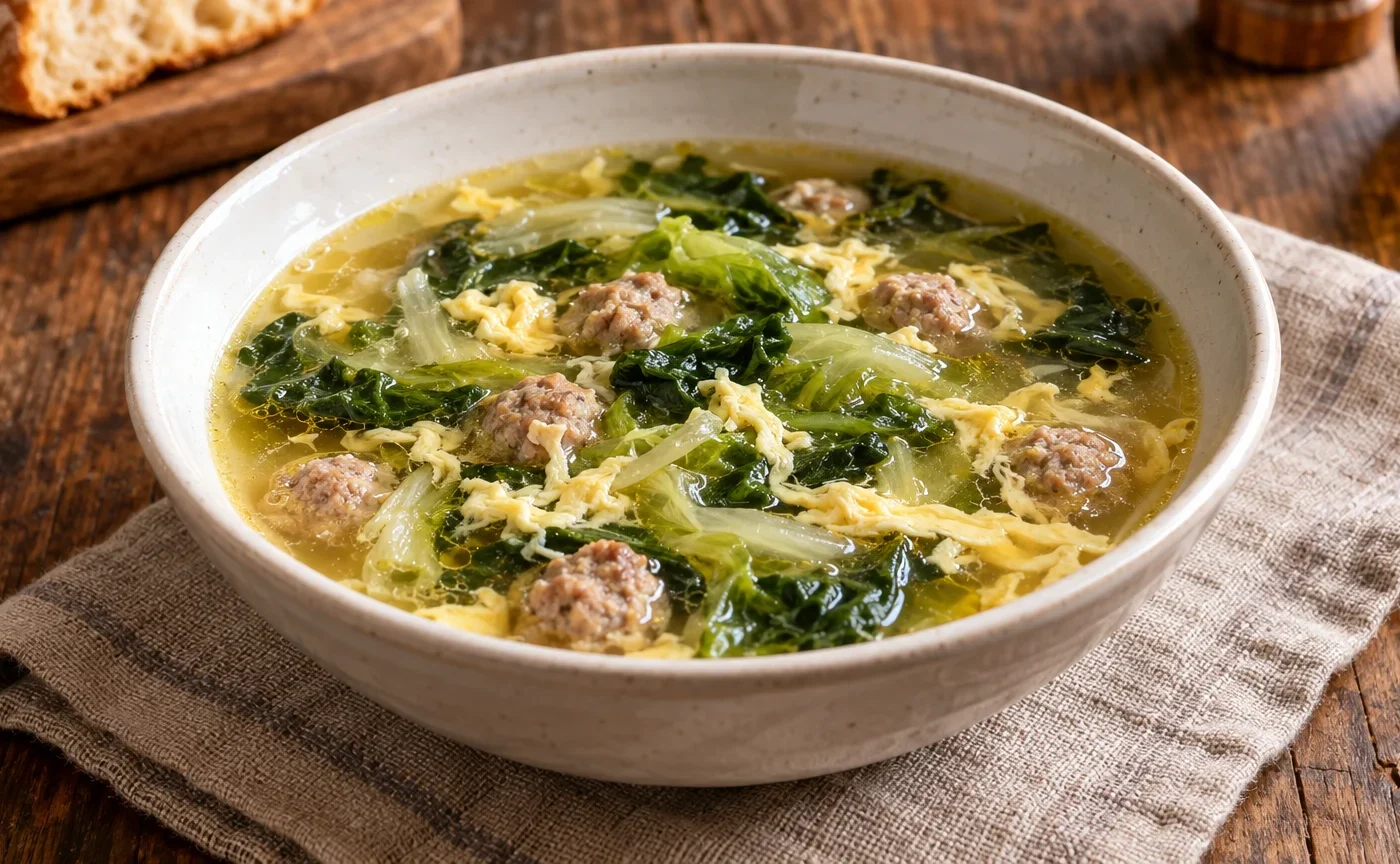 Zuppa alla Santé agnonese con scarola, polpettine e filamenti d’uovo in brodo