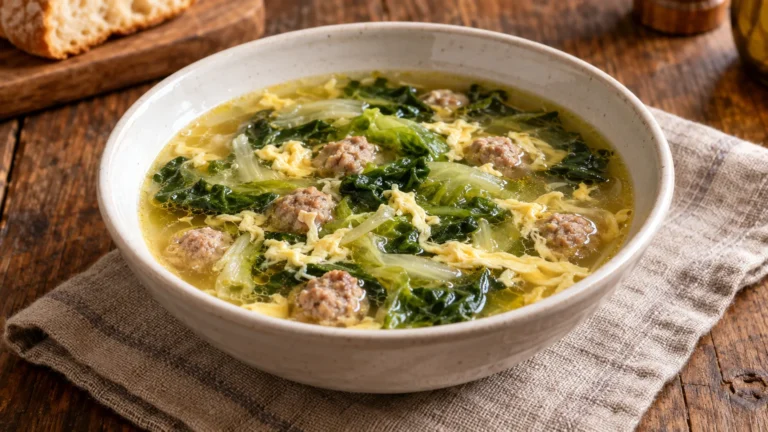 Zuppa alla Santé agnonese con scarola, polpettine e filamenti d’uovo in brodo